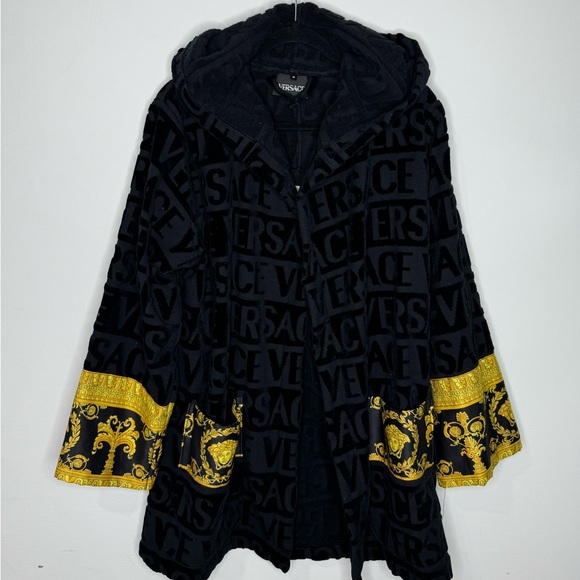 Versace Short Monogram Bathrobe Hooded Black Gold Women’s Size Medium - Picture 1 of 7